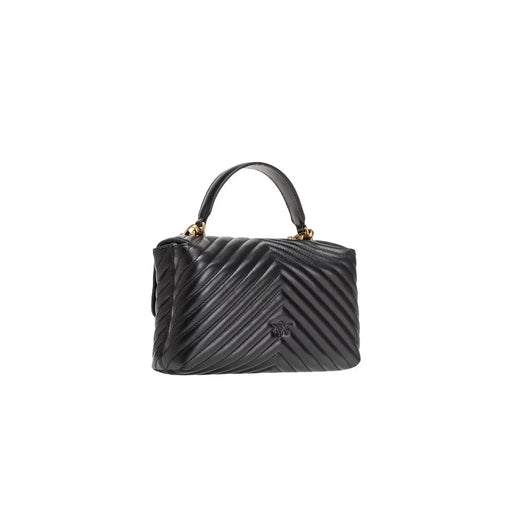 Pinko black leather handbag with magnet closure featuring quilted leather and gold-tone hardware in a chevron pattern