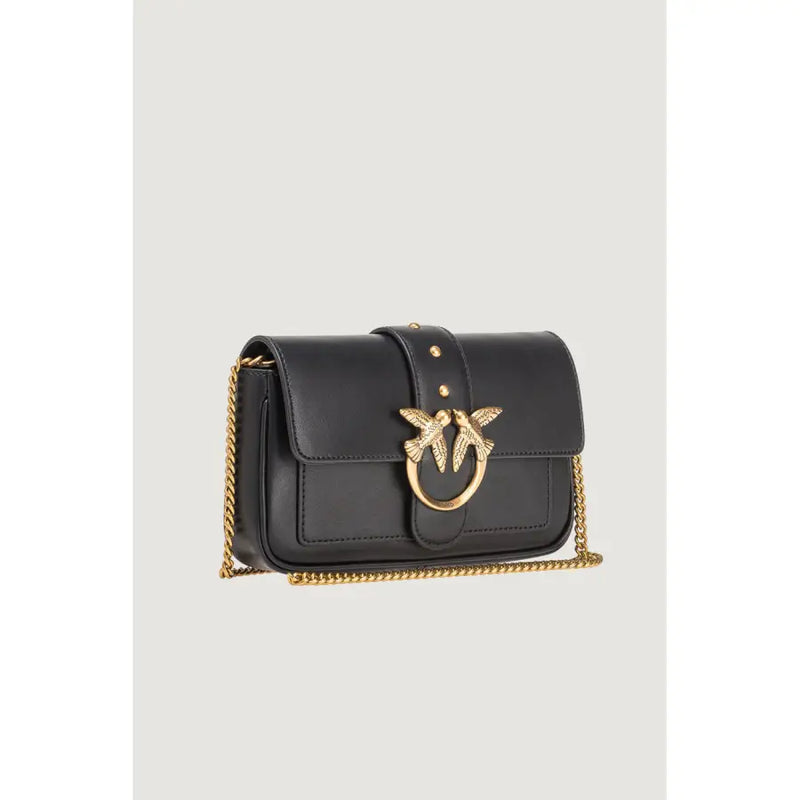 Pinko black leather shoulder bag with gold-tone bird clasp and chain strap featuring an interior pocket