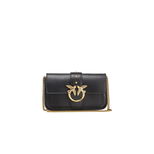 Pinko black leather shoulder bag with gold-tone chain strap and bird-shaped clasp featuring interior pocket