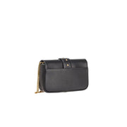 Black leather Pinko shoulder bag with gold-tone chain strap and subtle embossed logo featuring interior pocket
