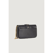 Pinko black leather crossbody bag with gold-tone chain strap and subtle embossed logo featuring an interior pocket