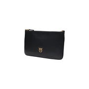 Pinko black leather zip bag with gold-tone zipper and distinctive golden bird logo on the front with inside pockets