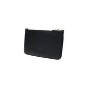 Pinko black leather clutch bag with gold-tone zipper hardware and inside pockets for organized storage