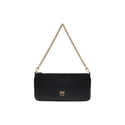 Pinko black leather crossbody bag with gold-tone chain strap and small elegant logo emblem with inside pockets