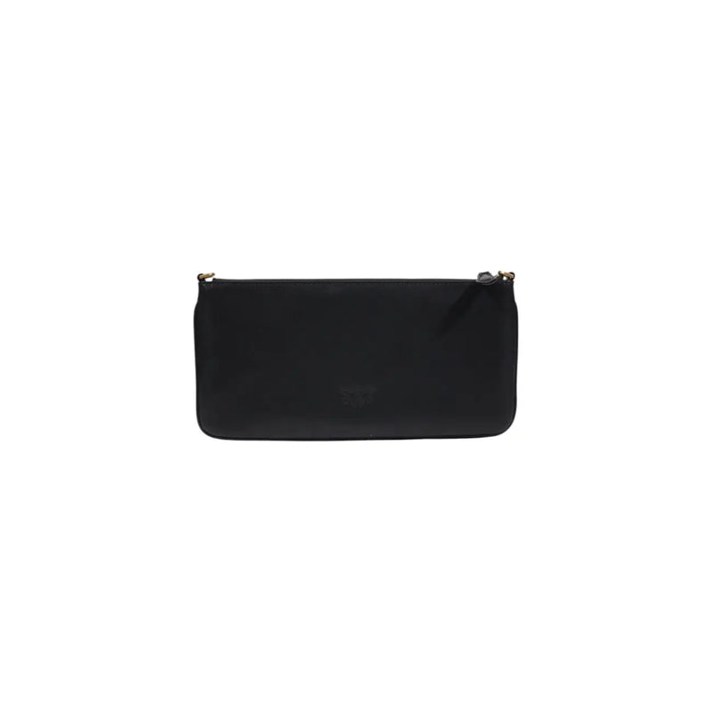 Pinko black leather rectangular clutch with sleek minimalist design and gold-tone zipper hardware and inside pockets