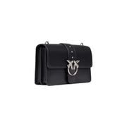 Pinko black polyurethane shoulder bag with black leather crossbody design, silver bird clasp, and interior pockets
