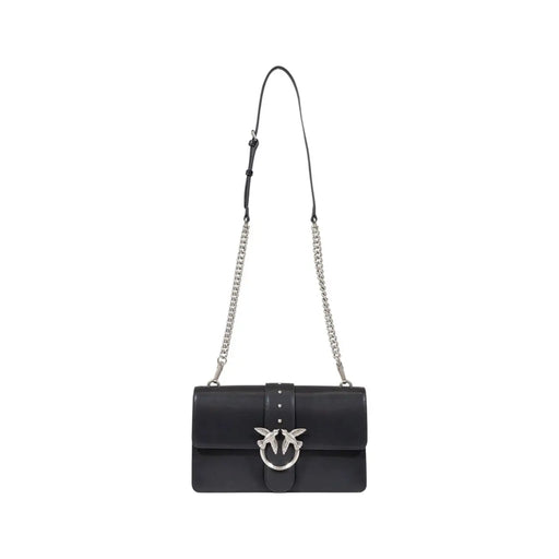 Pinko black polyurethane shoulder bag with black leather crossbody design and silver bird clasp with chain strap