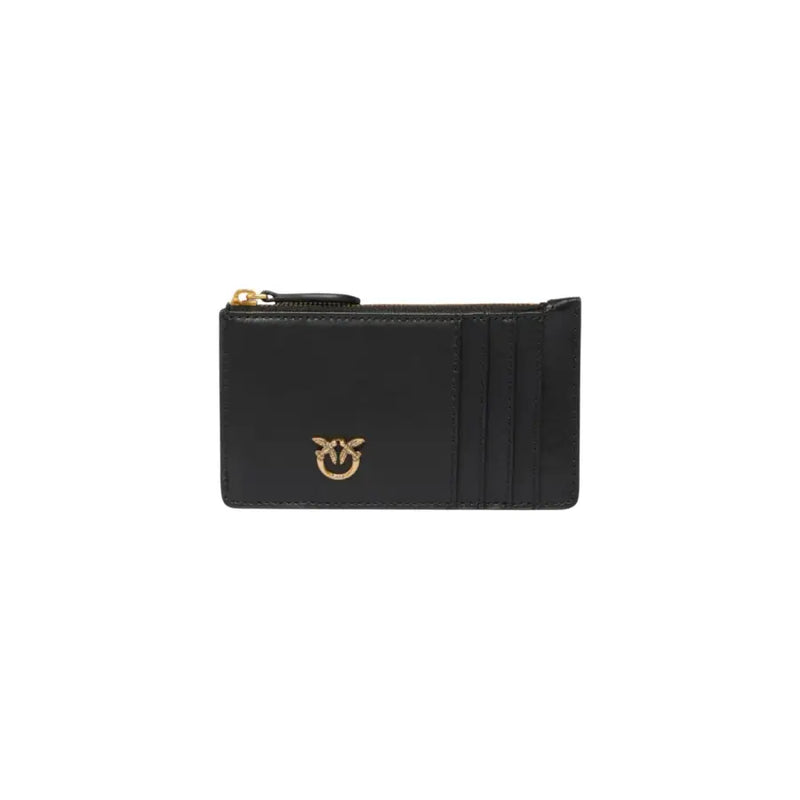 Pinko black zip wallet for women with gold bird logo and leather cardholder