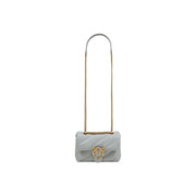 Pinko grey leather handbag with light gray quilted crossbody bag featuring gold-tone chain strap and signature bird clasp