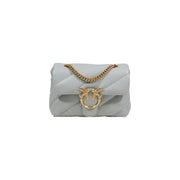 Light gray quilted leather crossbody bag with gold-tone chain strap and bird-shaped clasp Pinko grey leather handbag with inside pockets