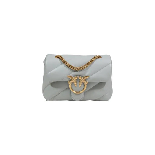 Light gray quilted leather crossbody bag with gold-tone chain strap and bird-shaped clasp Pinko grey leather handbag with inside pockets