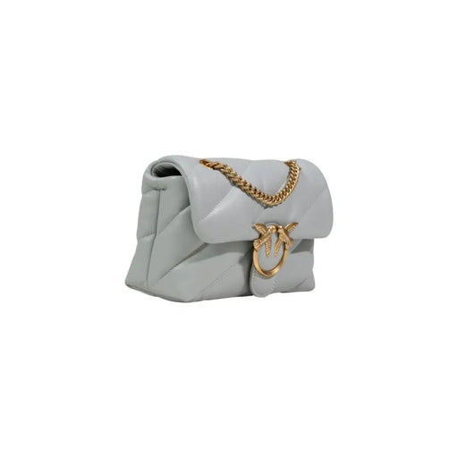 Pinko grey leather handbag with light gray quilted leather crossbody design gold-tone chain strap and bird-shaped clasp