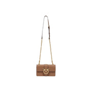 Pinko women beige polyurethane crossbody bag 21cm with tan leather front flap gold-tone bird clasp and chain strap