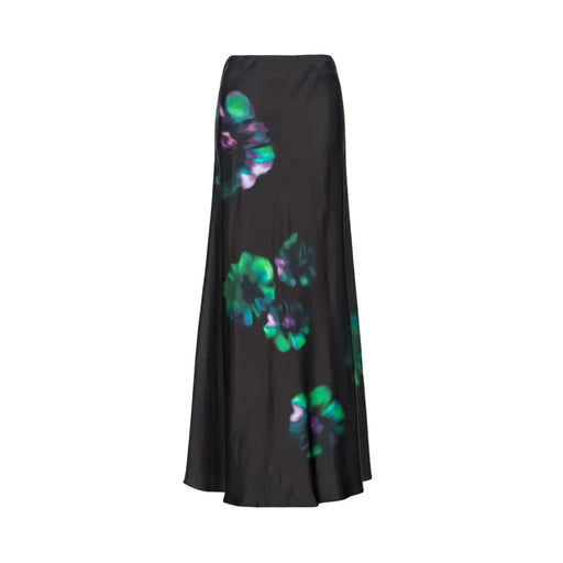 Pinko women black satin maxi skirt with vibrant green and purple floral prints and a zip closure