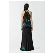 Pinko women black satin maxi dress with halter neckline and teal and purple floral print for elegant occasions