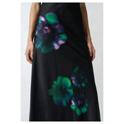 Pinko women black satin maxi skirt with vibrant emerald green and deep purple abstract floral prints and zip closure
