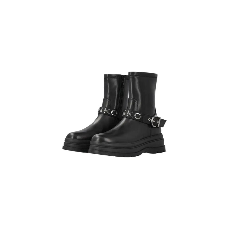 Pinko women black leather ankle boots with silver buckle straps and chunky soles for stylish slip-on wear
