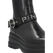 Pinko women black leather ankle boots with silver-toned buckle and pink logo strap for stylish slip-on wear