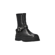 Pinko women black leather ankle boot with silver buckle and logo strap for stylish slip-on wear