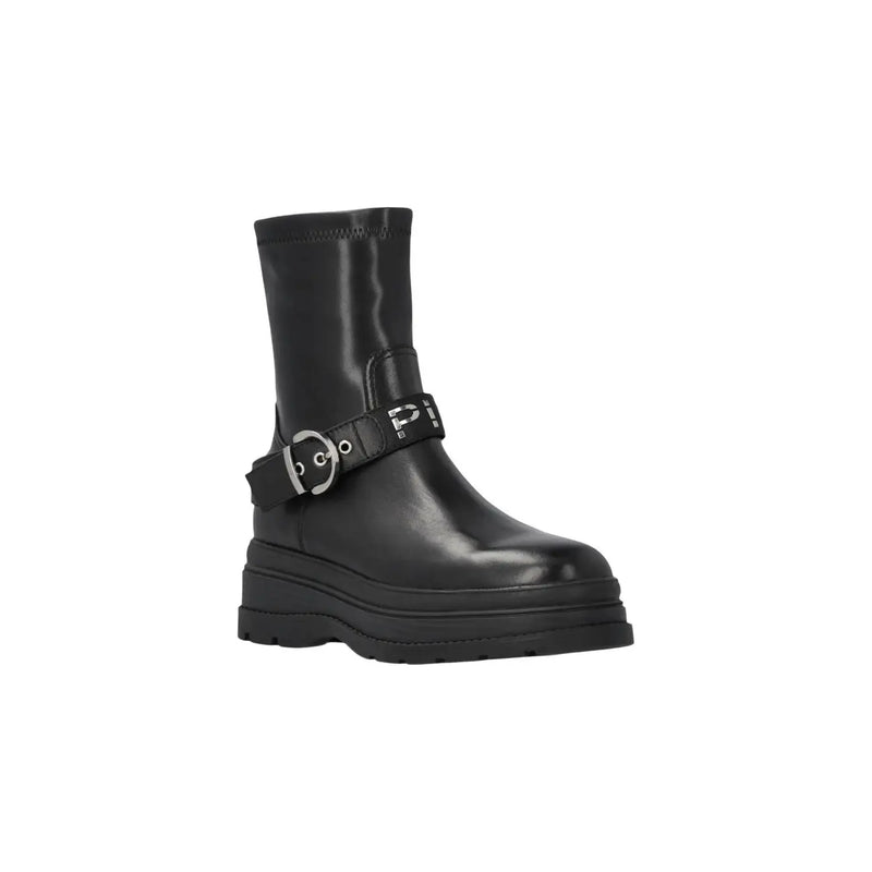 Pinko women black leather ankle boot with silver buckle and logo strap for stylish slip-on wear