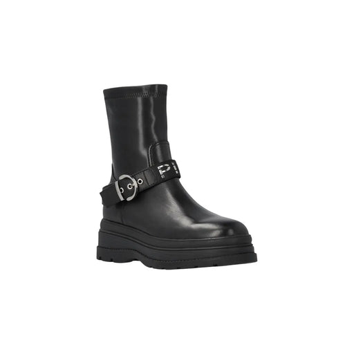 Pinko Schwarze Damen-Ankle-Boots aus Leder mit silberner Schnalle und Logo-Riemen zum stilvollen Hineinschlüpfen