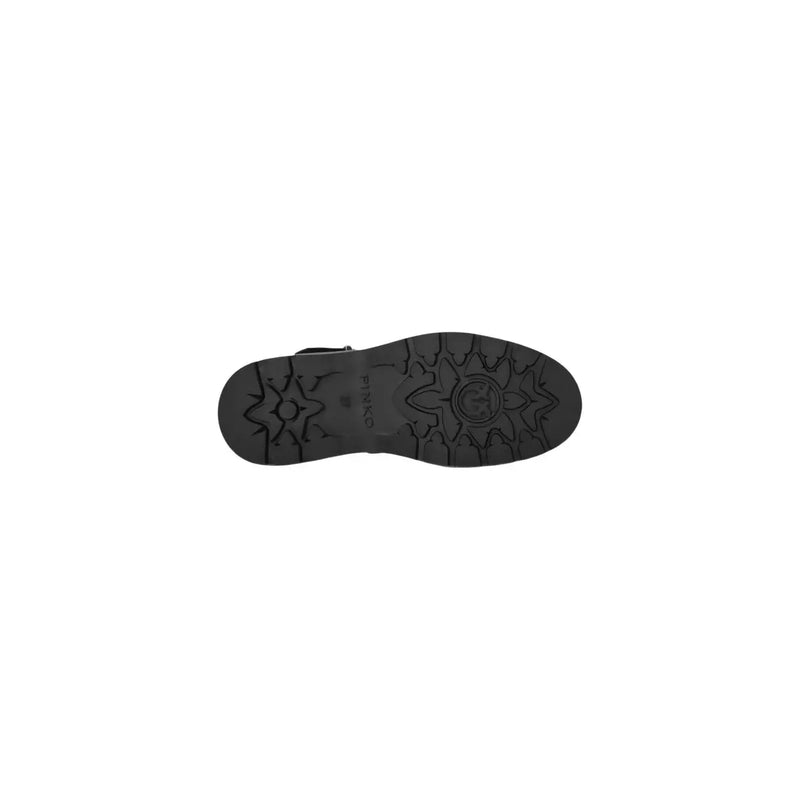 Pinko women black leather ankle boots slip showing black rubber sole with embossed star circular patterns and frank branding