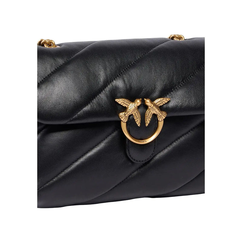 Pinko Kleine, schwarze, gesteppte Damen-Ledertasche „Love Puff“ mit goldfarbenem Vogelverschluss, Maße: B 26 x H 16 x L 9 cm