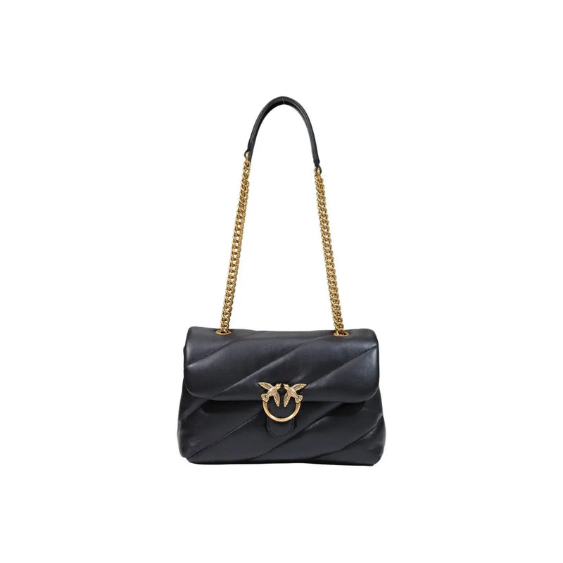 Pinko Schwarze Damen-Ledertasche „Love Puff“, kleine schwarze gesteppte Lederhandtasche mit goldfarbenem Kettenriemen und Vogelverschluss