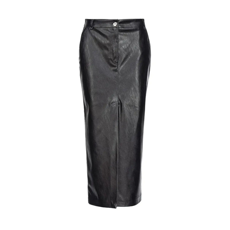 Pinko women black polyester skirt in faux leather with sleek glossy finish front zipper and front pockets