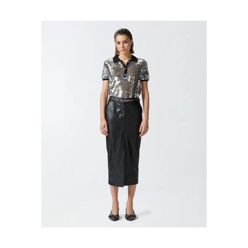 A shimmering silver sequined short-sleeved polo shirt with black collar and cuffs paired with a black polyester skirt with front pockets by pinko women