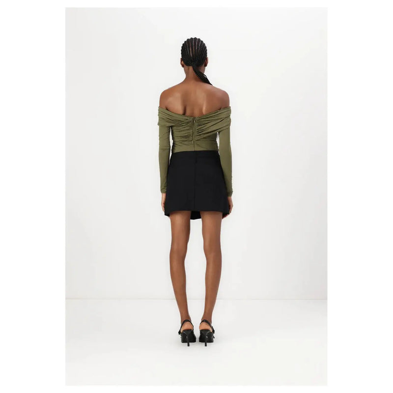 Back view of olive green off-the-shoulder ruched long-sleeve top paired with pinko women black polyester blend mini skirt