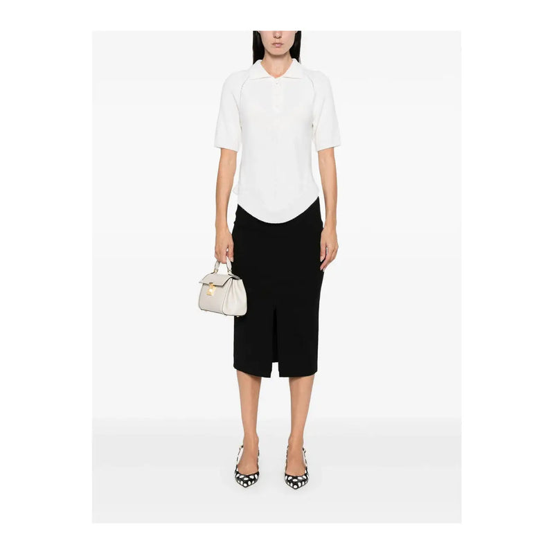 A sleek off-white leather handbag with structured design and gold-tone hardware alongside Pinko women black viscose blend skirt