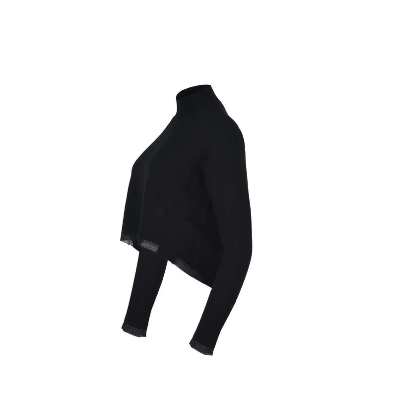 Pinko Schwarzer Damen-Rollkragenpullover aus Wolle mit asymmetrischem Saum, ausgefransten Kanten und langen Ärmeln