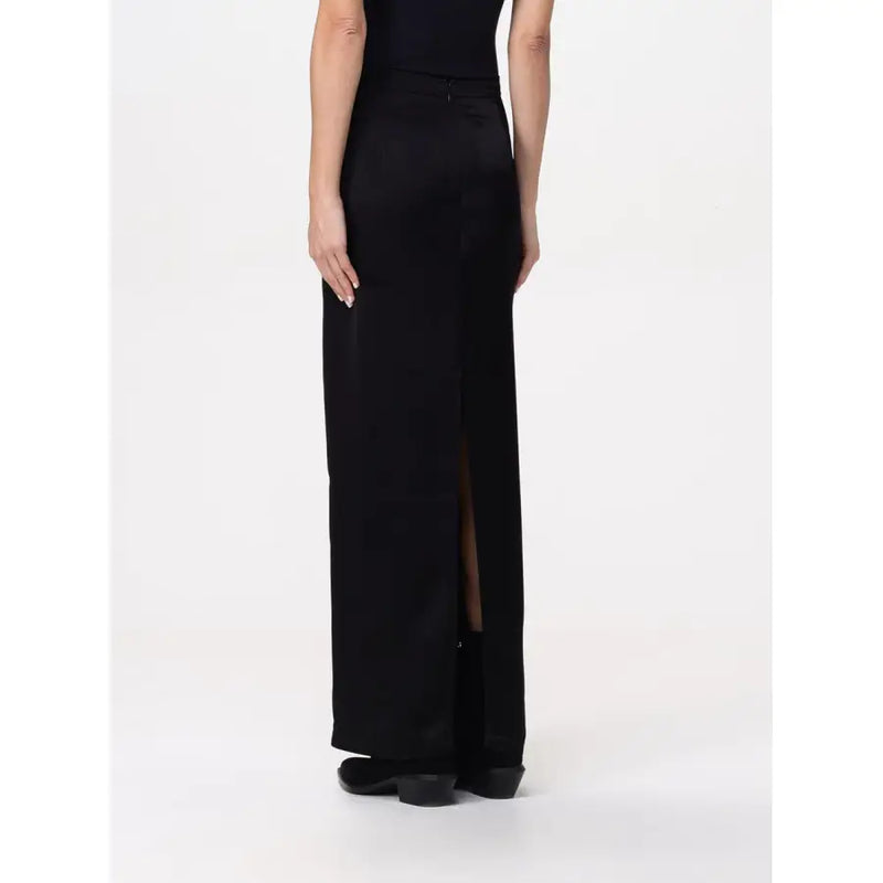 Black satin Pinko women maxi skirt with high slit and sleek flowing silhouette from spring summer collection