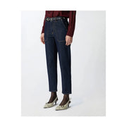 Pinko Damen-Jeans aus blauem Baumwoll-Stretch-Denim mit dunkelblauem, hochgeschnittenem, geradem Bein und sichtbaren Ziernähten.