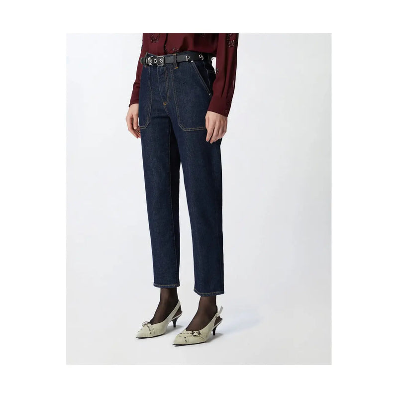 Pinko Damen-Jeans aus blauem Baumwoll-Stretch-Denim mit dunkelblauem, hochgeschnittenem, geradem Bein und sichtbaren Ziernähten.