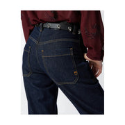 Rückseite pinko Dunkelblaue Damen-Jeans aus Baumwoll-Stretch-Denim mit gelben Ziernähten und goldenem Logo auf der Tasche