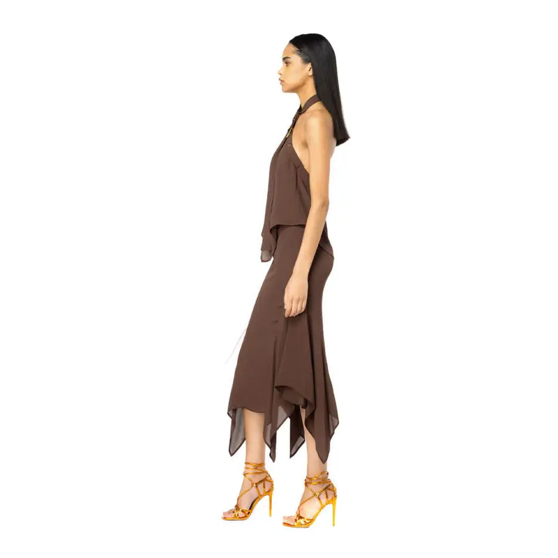 Woman modeling Pinko Brown Plain Spring Summer Polyester Skirt with halter-neck top and gold heels
