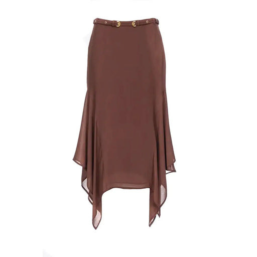 Pinko Damen-Midirock aus braunem Polyester mit fließender Seidenstruktur, asymmetrischem Saum und goldfarbenem Gürtel mit runder Schnalle