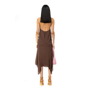 Pinko women brown polyester skirt spring summer back view featuring a backless satin midi dress with asymmetrical hemline