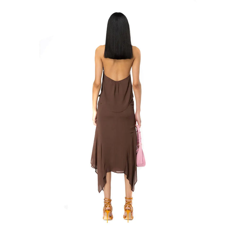 Pinko women brown polyester skirt spring summer back view featuring a backless satin midi dress with asymmetrical hemline