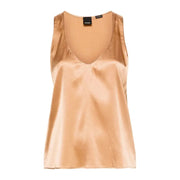 Pinko braunes Damen-Tanktop mit V-Ausschnitt top in elegantem, satiniertem Goldton