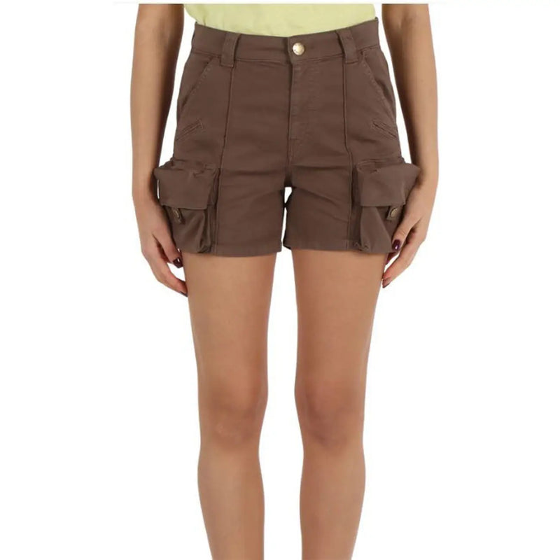 Pinko women cotton brown cargo shorts with multiple zip pockets and button closure for casual wear