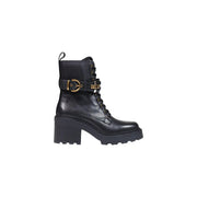 Pinko women leather ankle boots black block heel with black leather combat boot featuring gold-tone buckle and laces