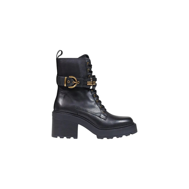 Pinko women leather ankle boots black block heel with black leather combat boot featuring gold-tone buckle and laces