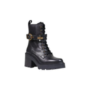 Pinko women leather ankle boots black with gold-tone buckle laces and chunky block heel in black leather