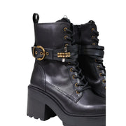 Pinko women leather ankle boots in black featuring gold-tone hardware and a chunky block heel