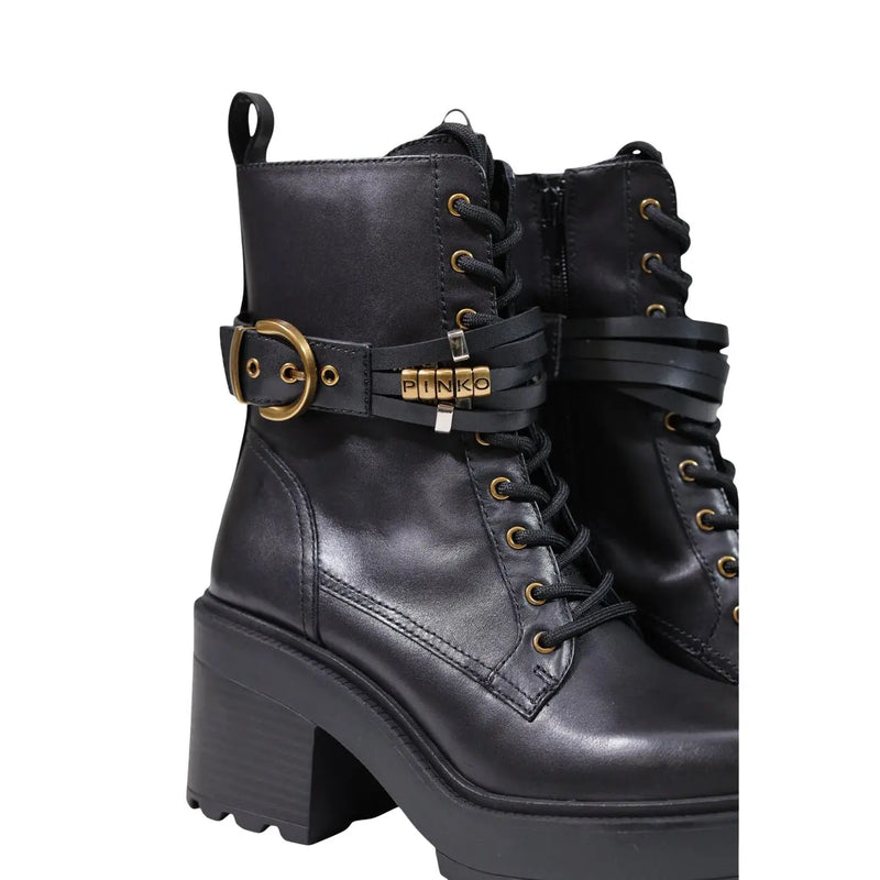 Pinko women leather ankle boots in black featuring gold-tone hardware and a chunky block heel