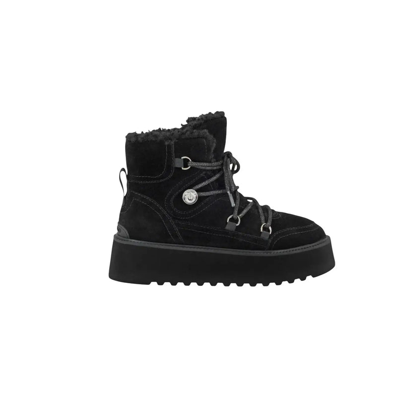 Pinko women leather ankle boots in black suede with plush shearling lining and chunky platform sole