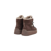 Pinko women leather ankle boots in brown with suede material plush beige shearling lining and chunky platform sole